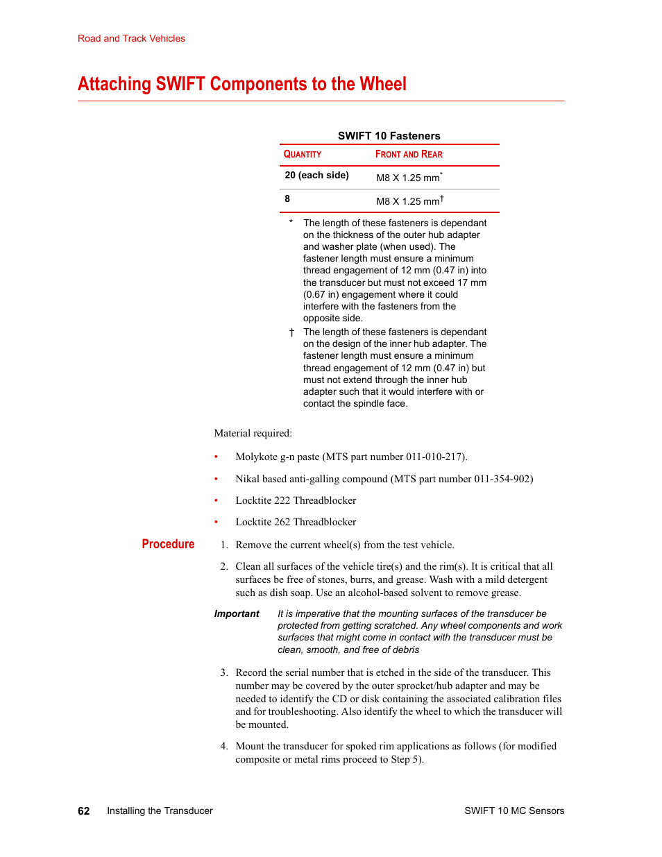 Attaching swift components to the wheel, Attaching swift components to the wheel 62 | MTS SWIFT 10 MC Sensor User Manual | Page 62 / 144