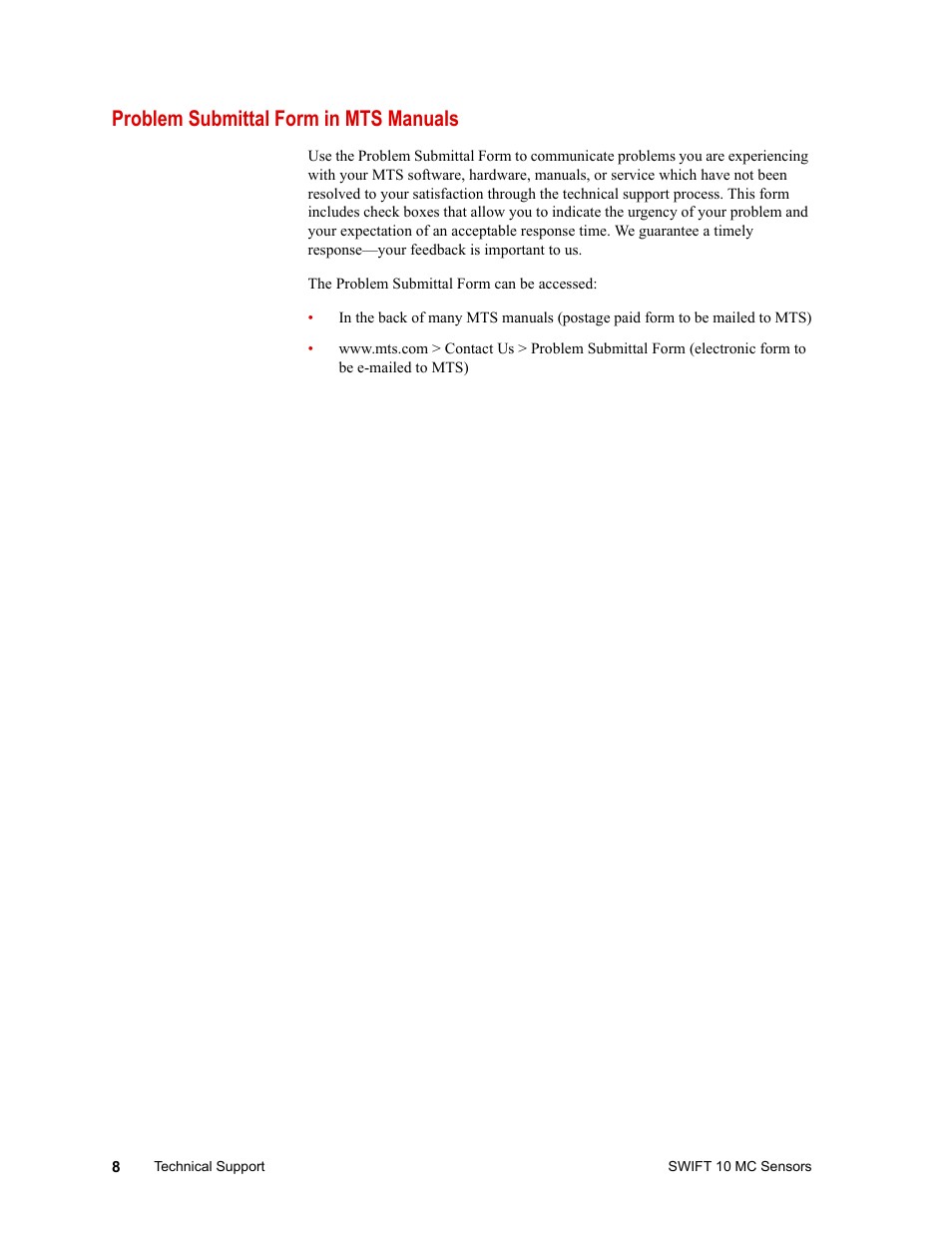 Problem submittal form in mts manuals, Problem submittal form in mts manuals 8 | MTS SWIFT 10 MC Sensor User Manual | Page 8 / 144