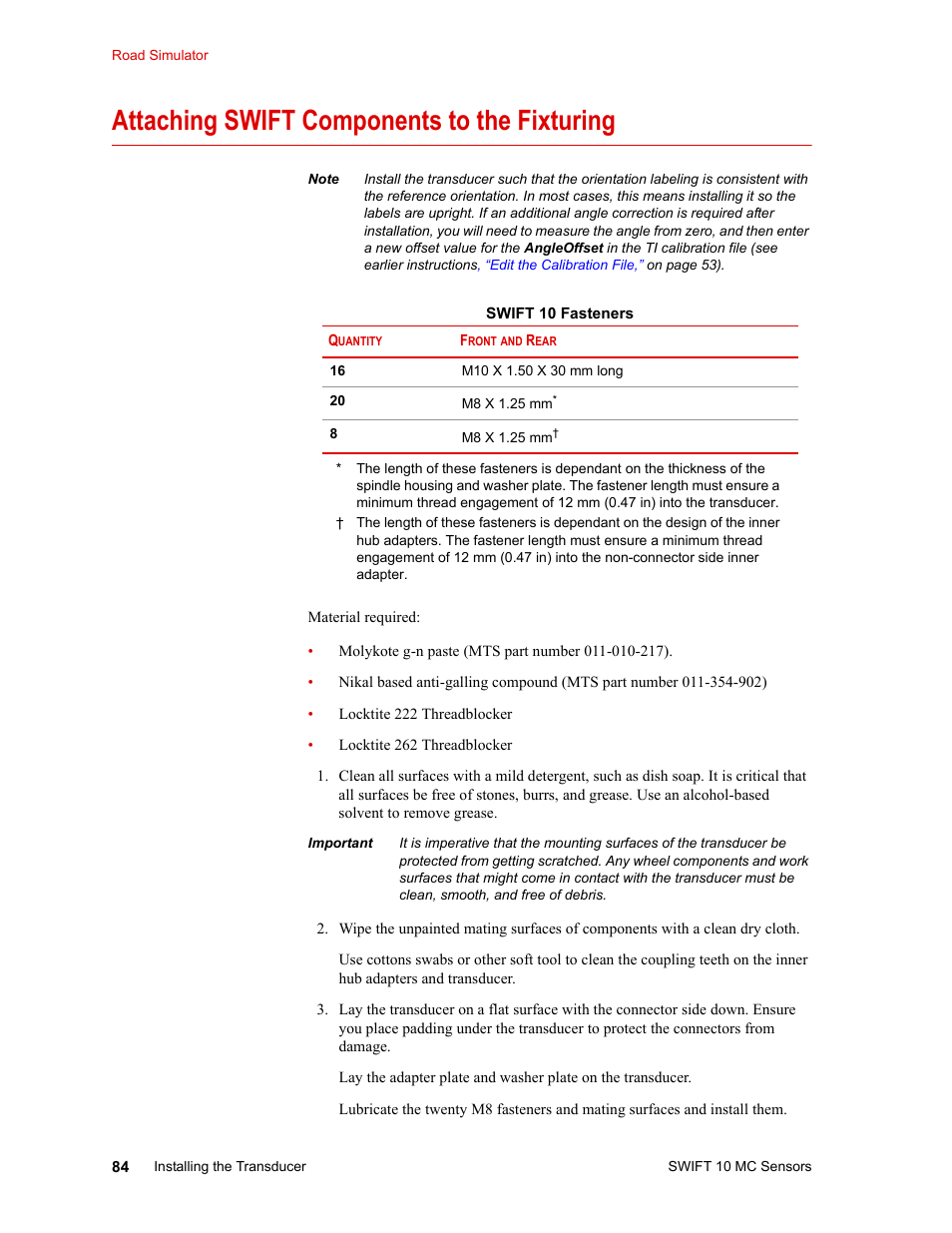 Attaching swift components to the fixturing, Attaching swift components to the fixturing 84 | MTS SWIFT 10 MC Sensor User Manual | Page 84 / 144