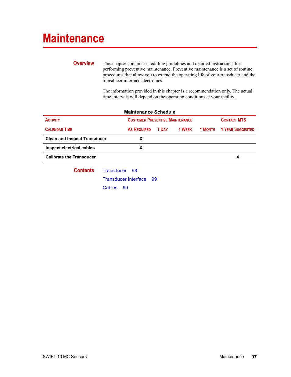 Maintenance, Maintenance 97, As described in | Ng on | MTS SWIFT 10 MC Sensor User Manual | Page 97 / 144