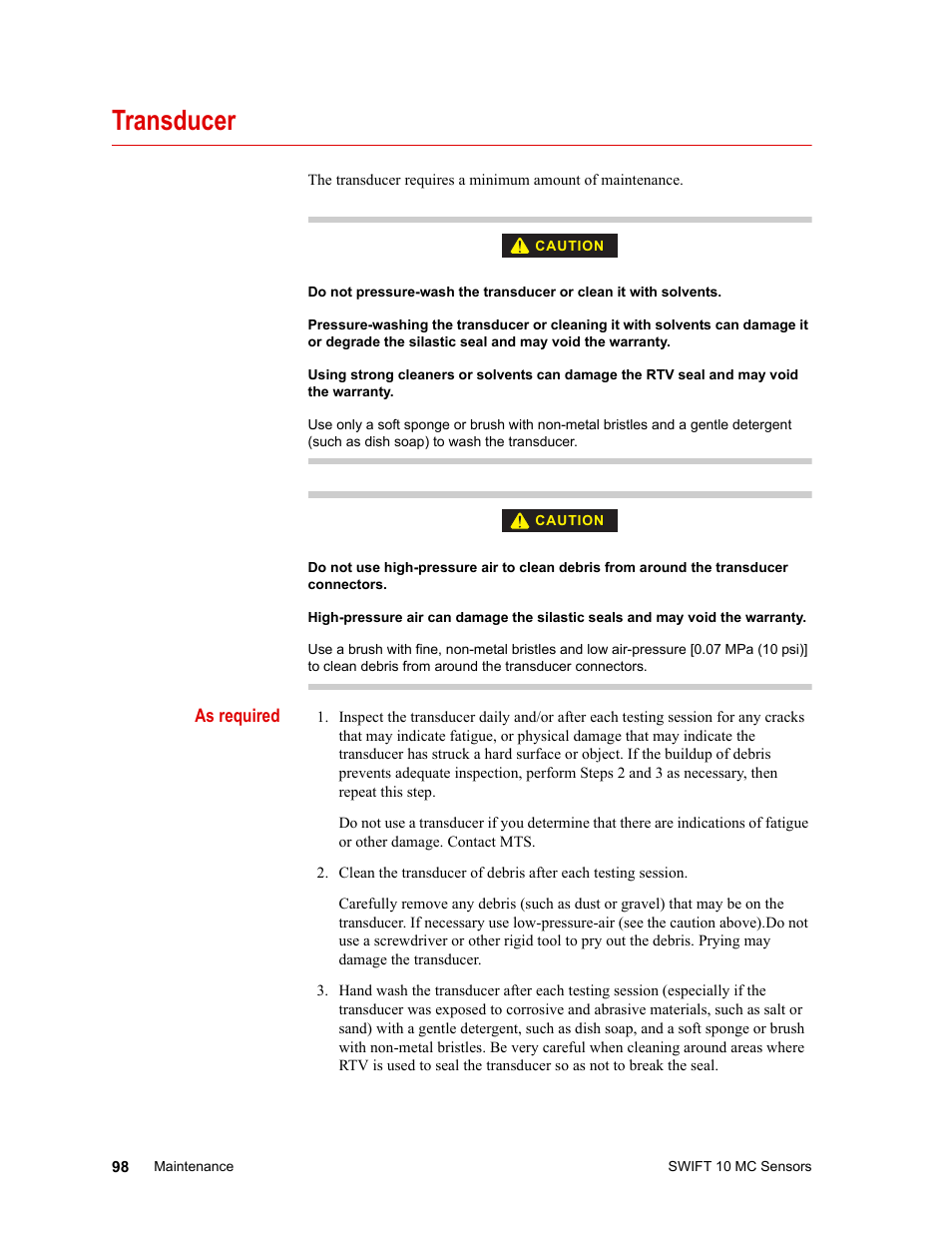 Transducer, Transducer 98 | MTS SWIFT 10 MC Sensor User Manual | Page 98 / 144