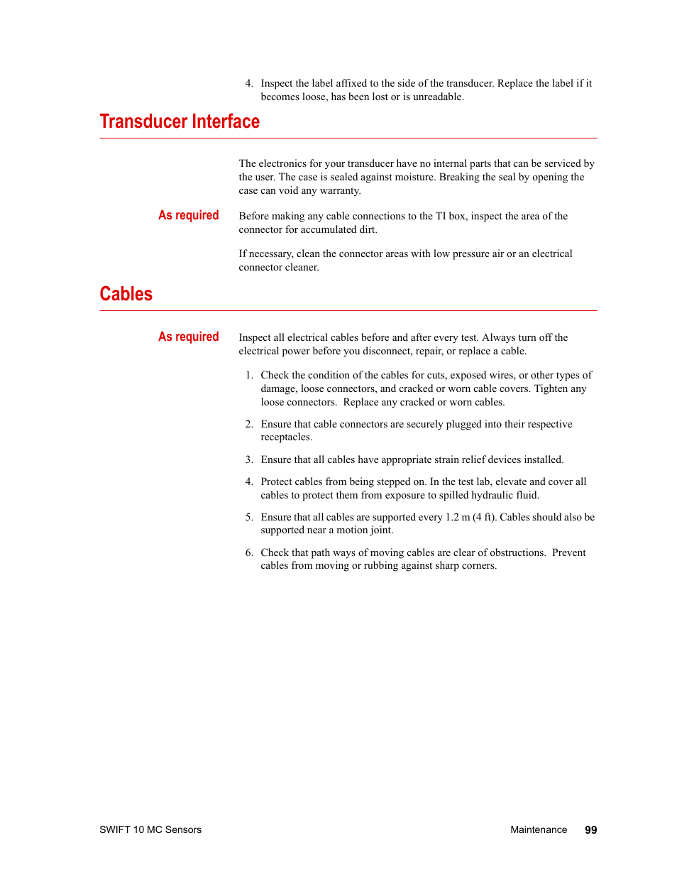 Transducer interface, Cables, Transducer interface 99 cables 99 | MTS SWIFT 10 MC Sensor User Manual | Page 99 / 144