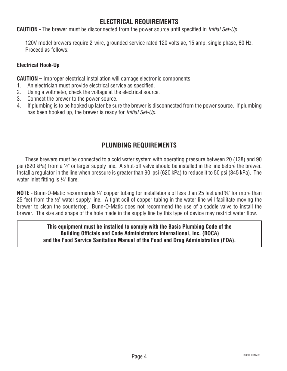 Electrical requirements, Plumbing requirements | Bunn TU3Q-EZ User Manual | Page 4 / 22