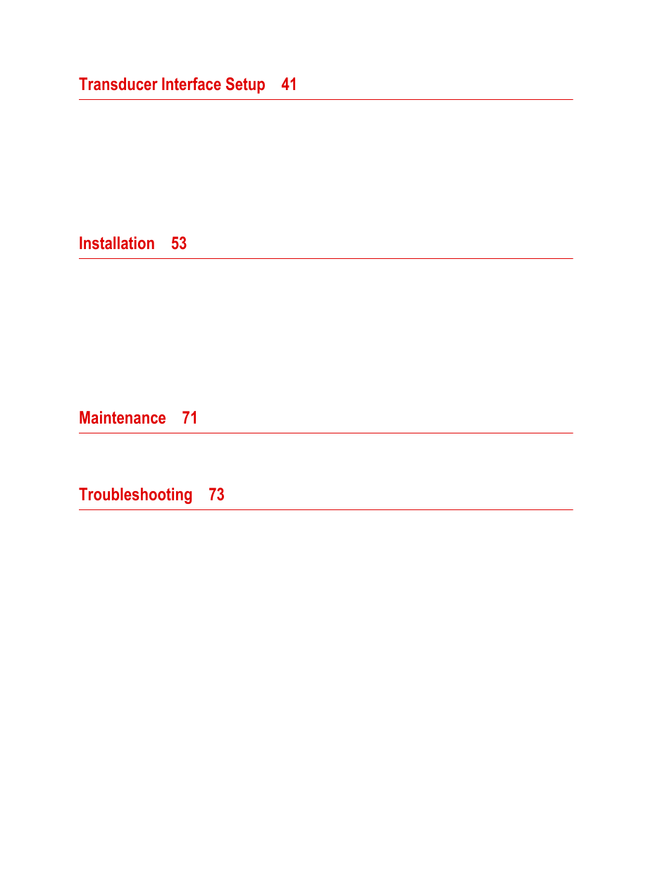 Transducer interface setup 41, Installation 53, Maintenance 71 | Troubleshooting 73 | MTS WIFT Mini Transducer Interface User Manual | Page 4 / 86