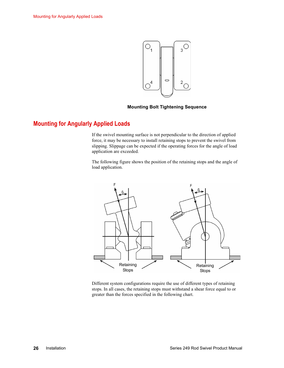 Mounting for angularly applied loads, Mounting for angularly applied loads 26 | MTS Series 249 Swivels User Manual | Page 26 / 40