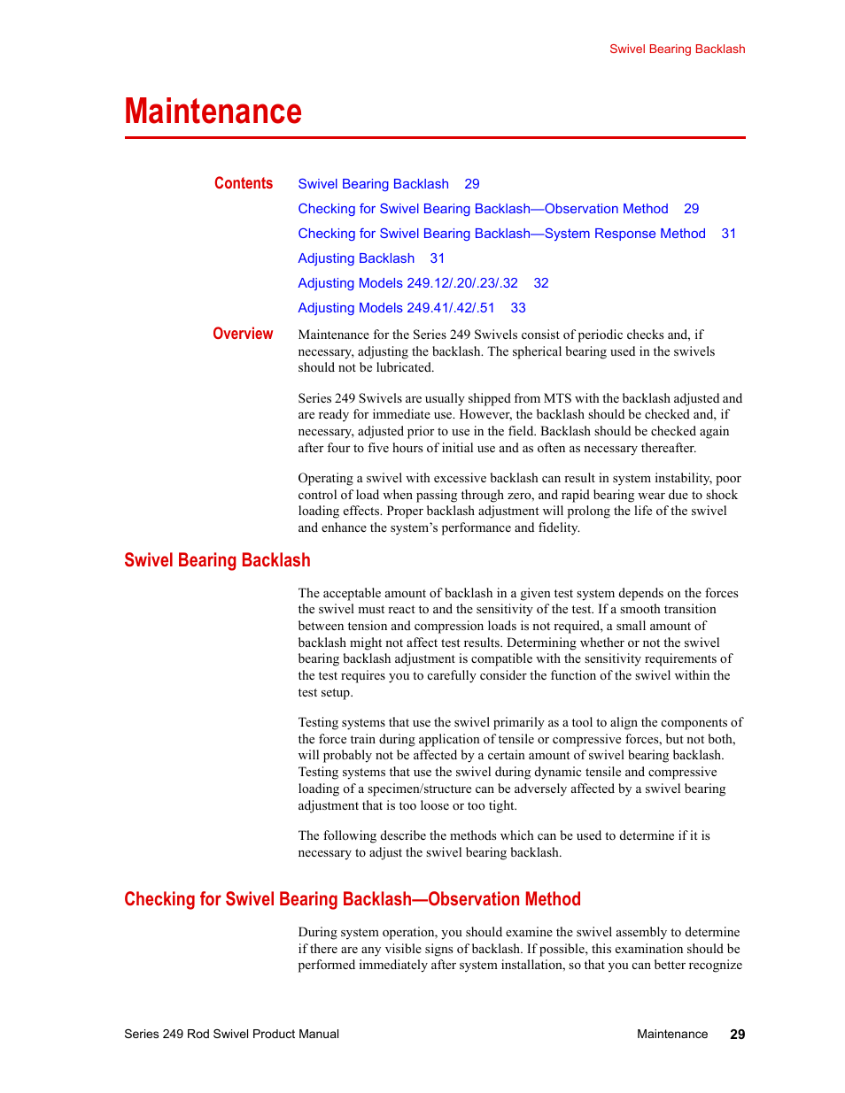 Maintenance, Swivel bearing backlash, Maintenance 29 | MTS Series 249 Swivels User Manual | Page 29 / 40
