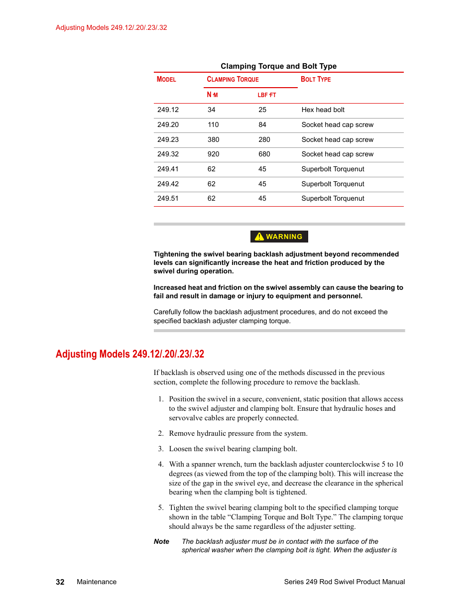 Adjusting models 249.12/.20/.23/.32, Adjusting models 249.12/.20/.23/.32 32 | MTS Series 249 Swivels User Manual | Page 32 / 40