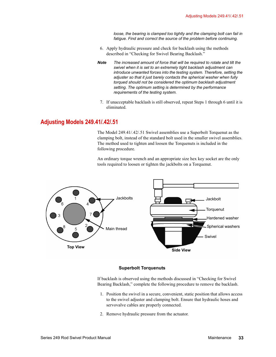 Adjusting models 249.41/.42/.51, Adjusting models 249.41/.42/.51 33 | MTS Series 249 Swivels User Manual | Page 33 / 40