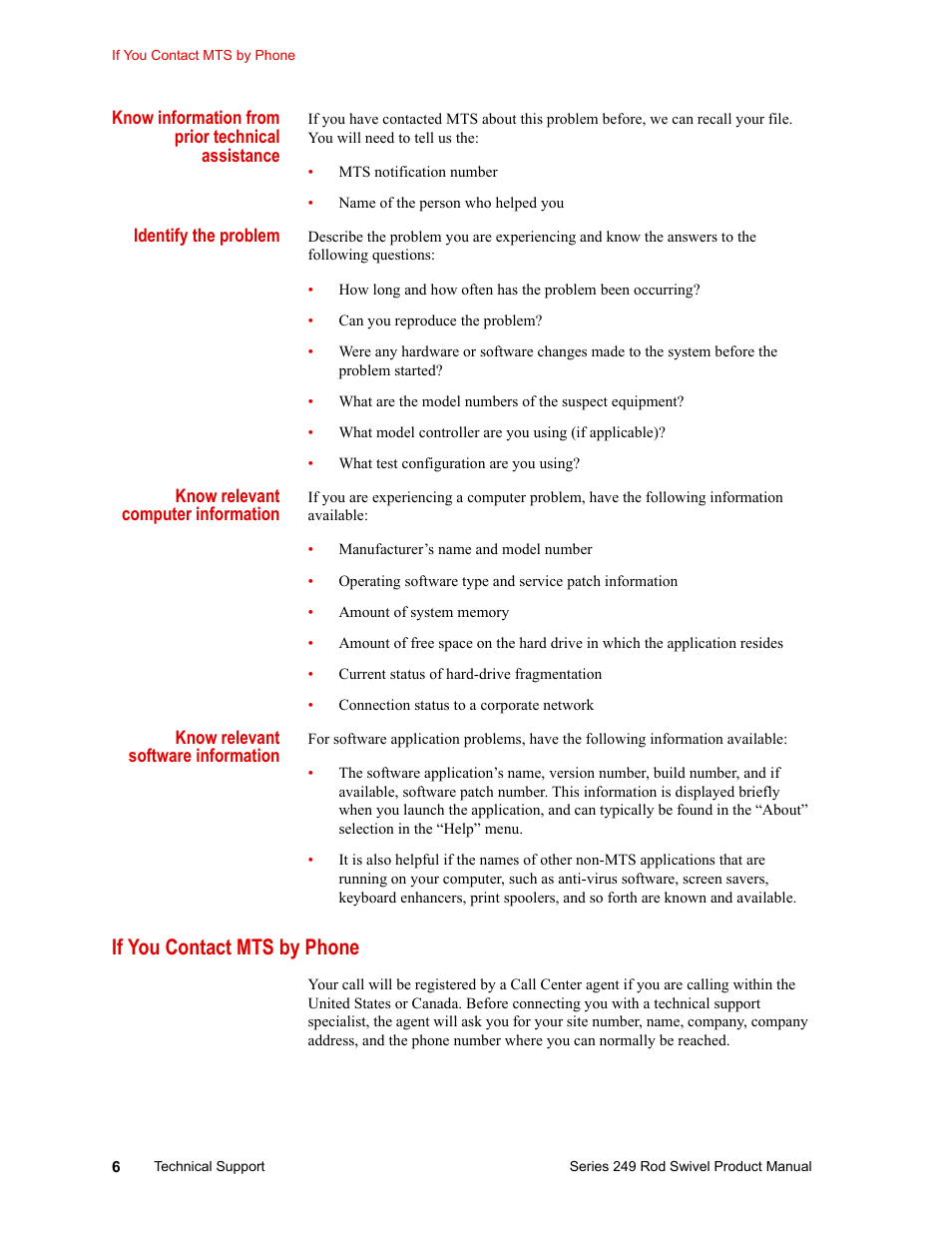 If you contact mts by phone, If you contact mts by phone 6 | MTS Series 249 Swivels User Manual | Page 6 / 40