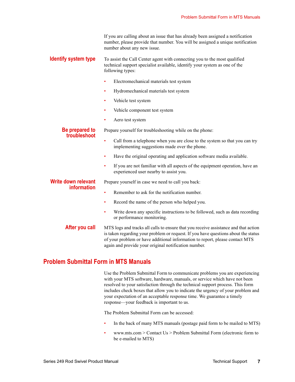 Problem submittal form in mts manuals, Problem submittal form in mts manuals 7 | MTS Series 249 Swivels User Manual | Page 7 / 40