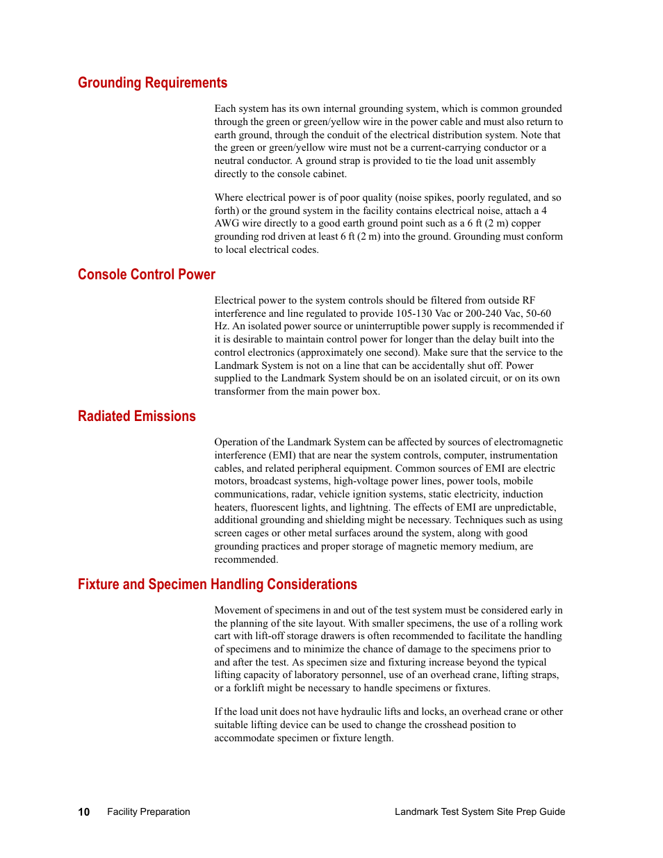 Grounding requirements, Console control power, Radiated emissions | Fixture and specimen handling considerations | MTS Landmark Testing Systems User Manual | Page 10 / 34