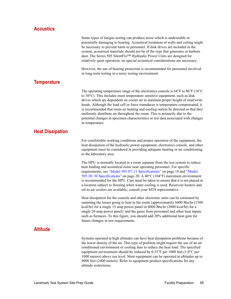 Acoustics, Temperature, Heat dissipation | Altitude | MTS Landmark Testing Systems User Manual | Page 11 / 34