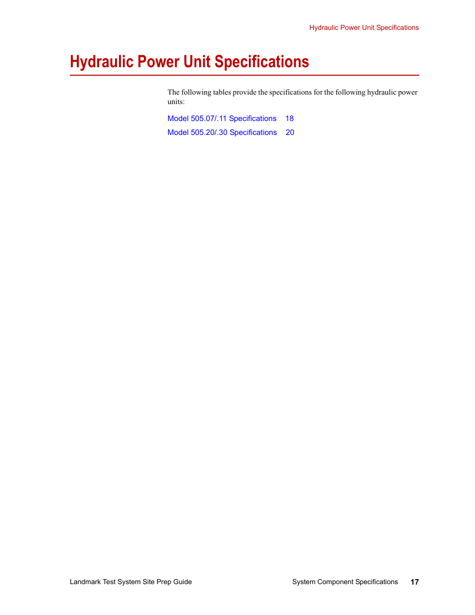 Hydraulic power unit specifications | MTS Landmark Testing Systems User Manual | Page 17 / 34