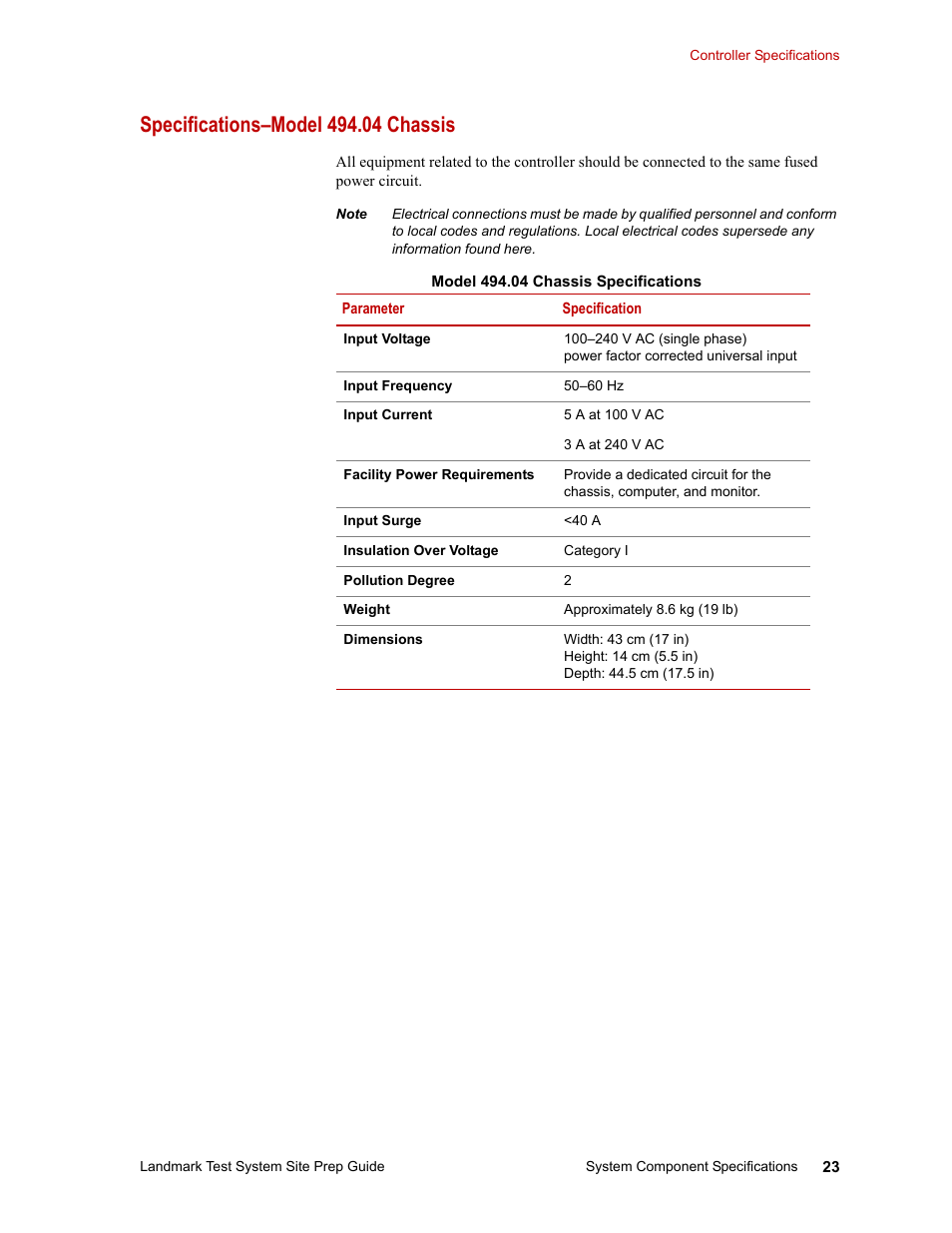 Specifications–model 494.04 chassis | MTS Landmark Testing Systems User Manual | Page 23 / 34