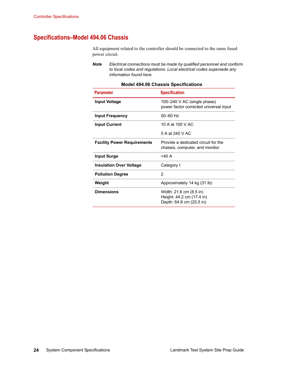 Specifications–model 494.06 chassis | MTS Landmark Testing Systems User Manual | Page 24 / 34