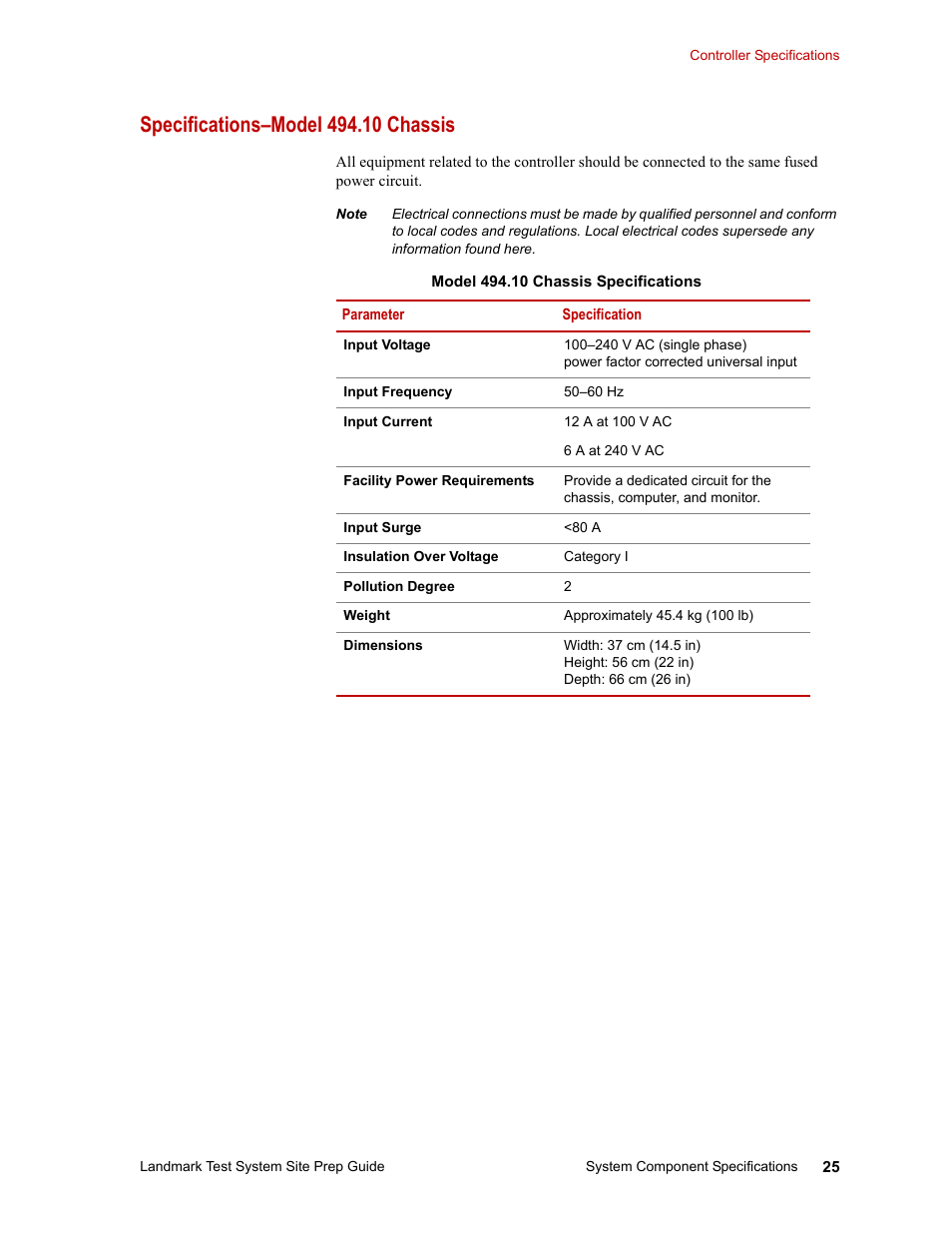 Specifications–model 494.10 chassis | MTS Landmark Testing Systems User Manual | Page 25 / 34