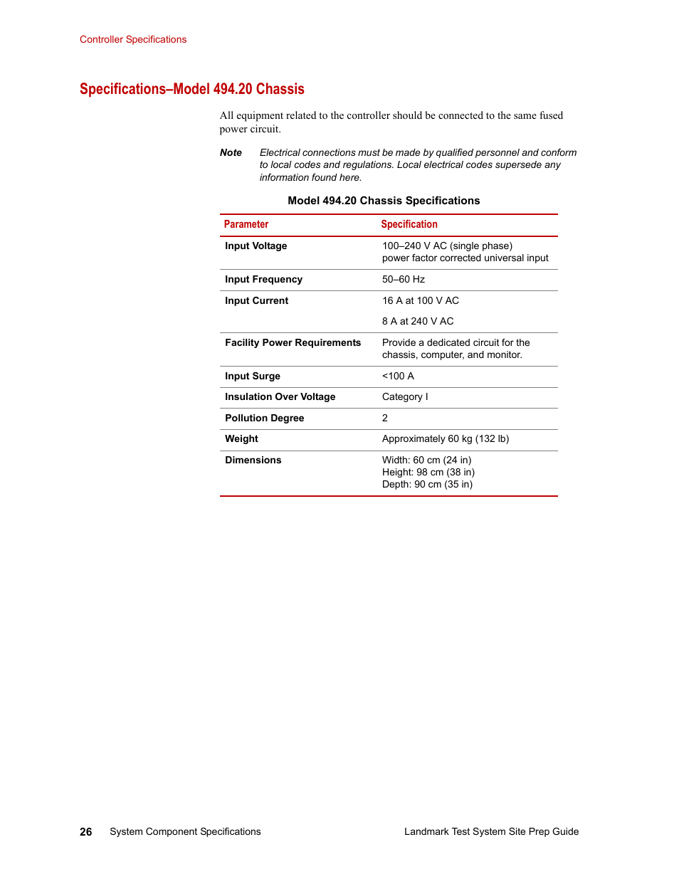 Specifications–model 494.20 chassis | MTS Landmark Testing Systems User Manual | Page 26 / 34