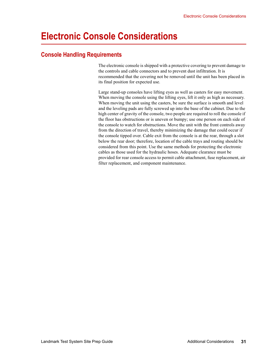 Electronic console considerations, Console handling requirements, Electronic console considerations 31 | Console handling requirements 31 | MTS Landmark Testing Systems User Manual | Page 31 / 34