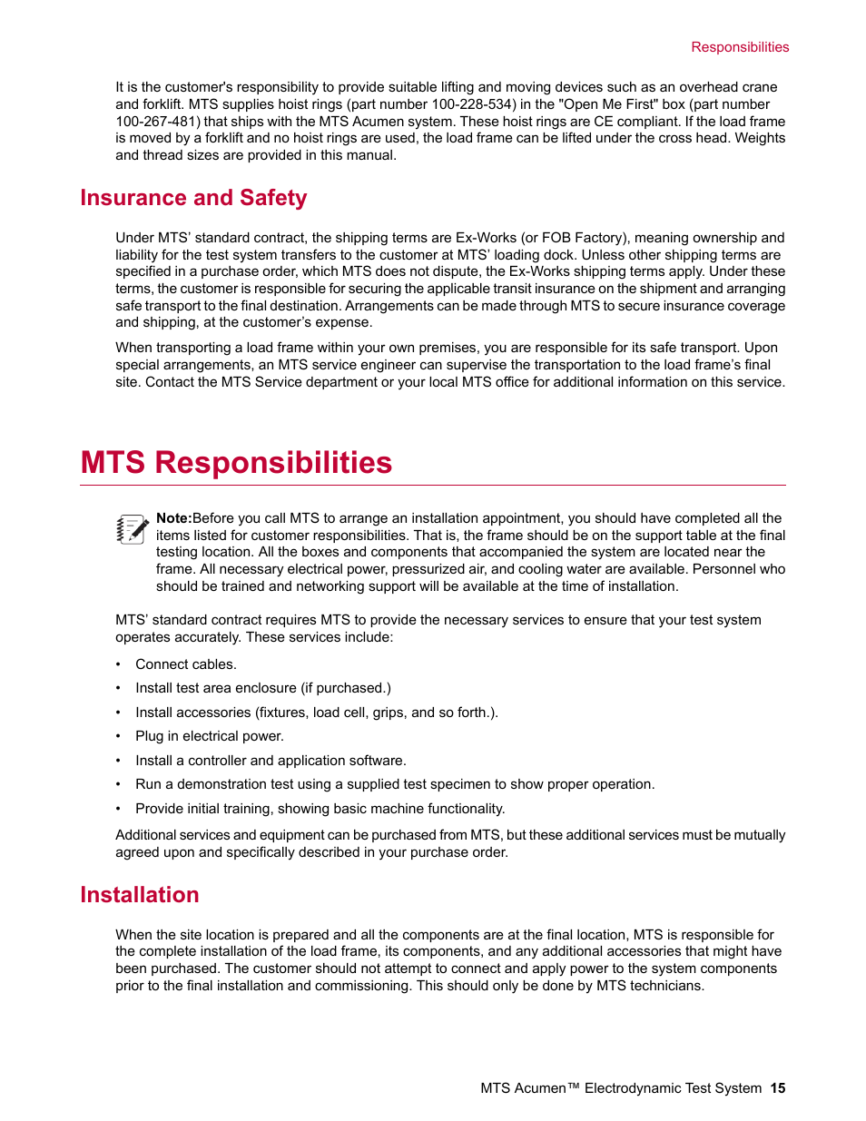 Insurance and safety, Mts responsibilities, Installation | MTS Acumen Electrodynamic User Manual | Page 15 / 42