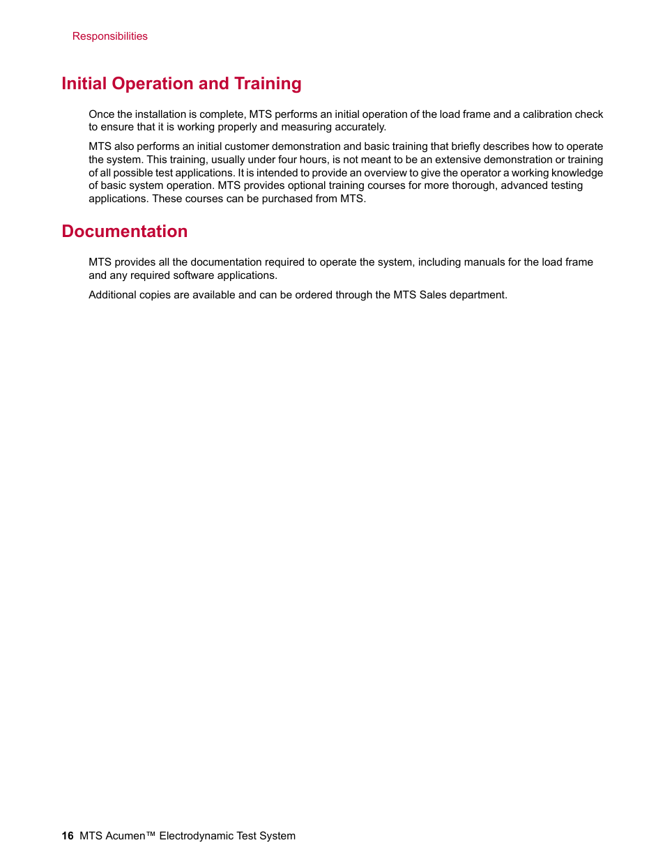 Initial operation and training, Documentation | MTS Acumen Electrodynamic User Manual | Page 16 / 42