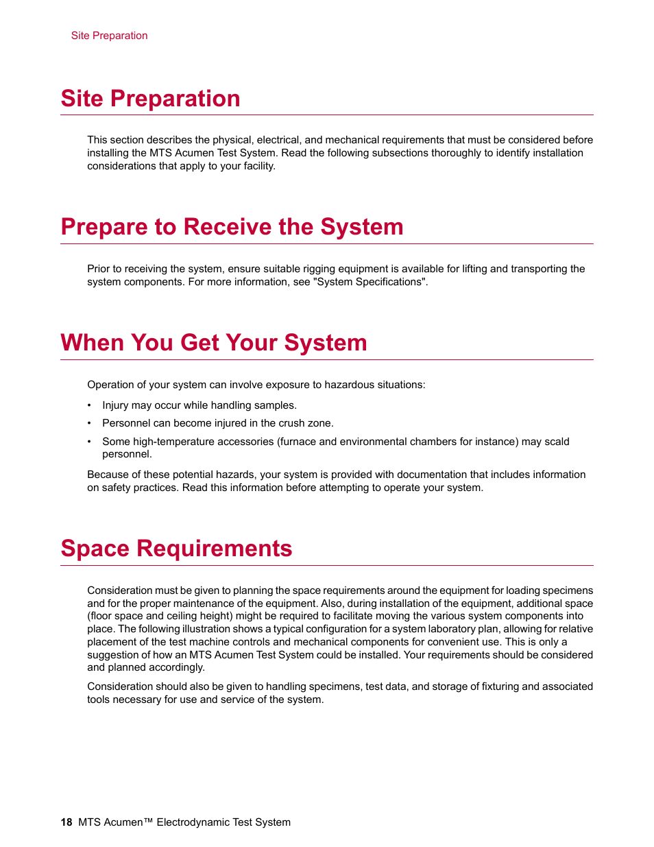 Site preparation, Prepare to receive the system, When you get your system | Space requirements | MTS Acumen Electrodynamic User Manual | Page 18 / 42