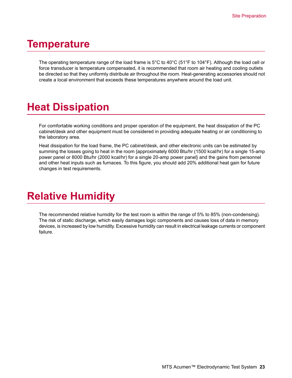 Temperature, Heat dissipation, Relative humidity | MTS Acumen Electrodynamic User Manual | Page 23 / 42