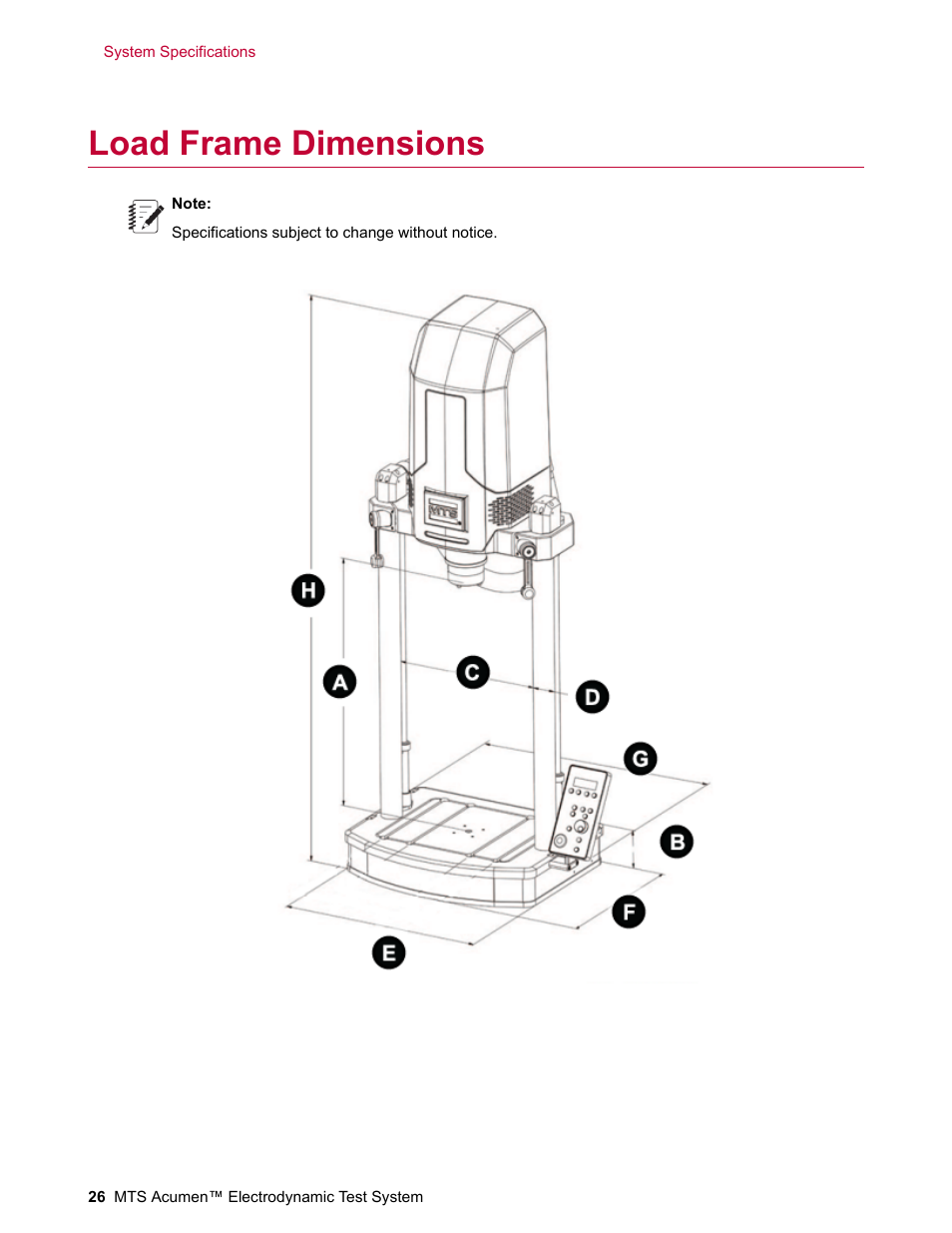 Load frame dimensions | MTS Acumen Electrodynamic User Manual | Page 26 / 42