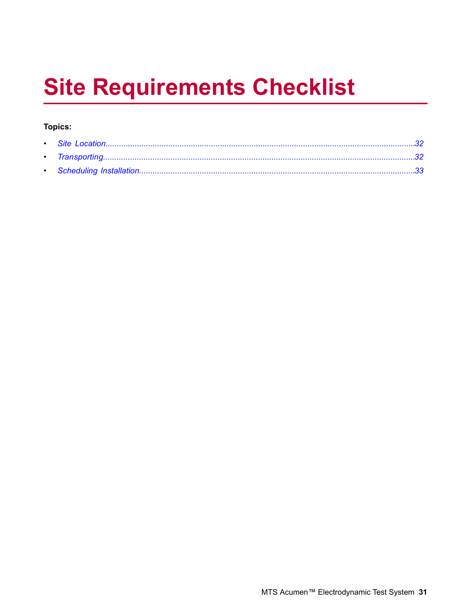 Site requirements checklist | MTS Acumen Electrodynamic User Manual | Page 31 / 42