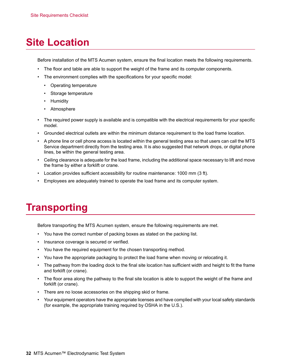 Site location, Transporting | MTS Acumen Electrodynamic User Manual | Page 32 / 42