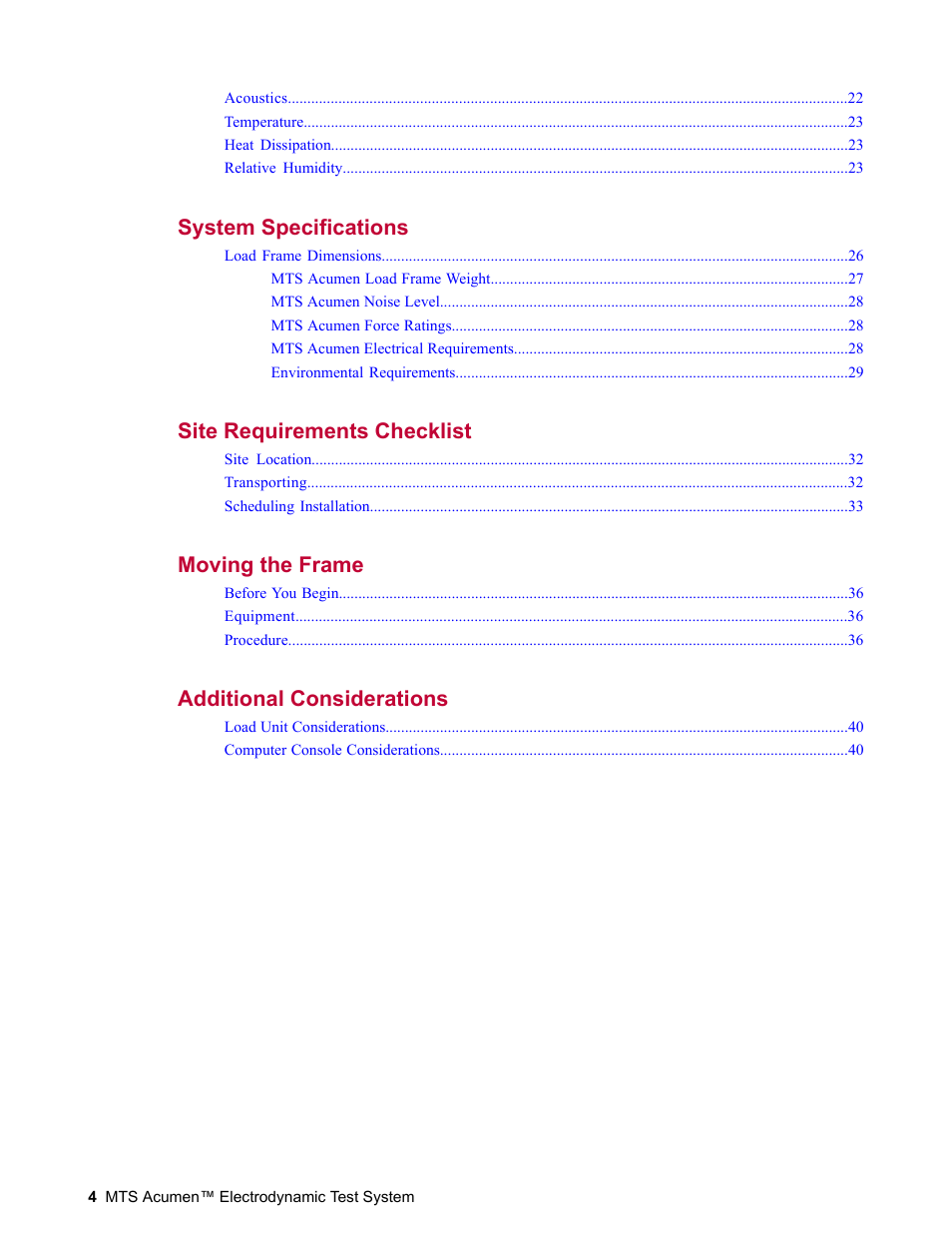System specifications 25, Site requirements checklist 31, Moving the frame 35 | Additional considerations 39 | MTS Acumen Electrodynamic User Manual | Page 4 / 42