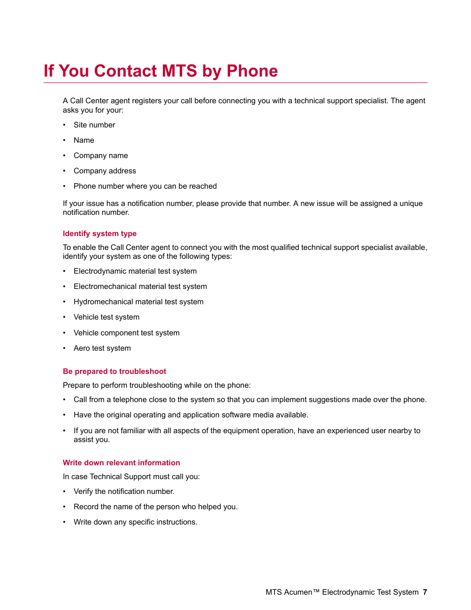 If you contact mts by phone | MTS Acumen Electrodynamic User Manual | Page 7 / 42