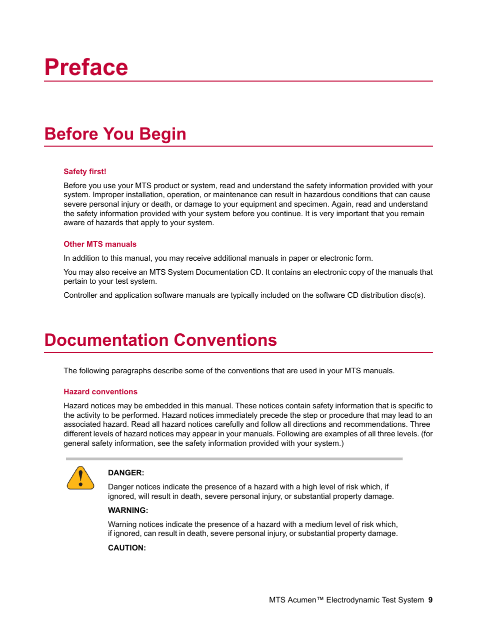 Preface, Before you begin, Documentation conventions | MTS Acumen Electrodynamic User Manual | Page 9 / 42