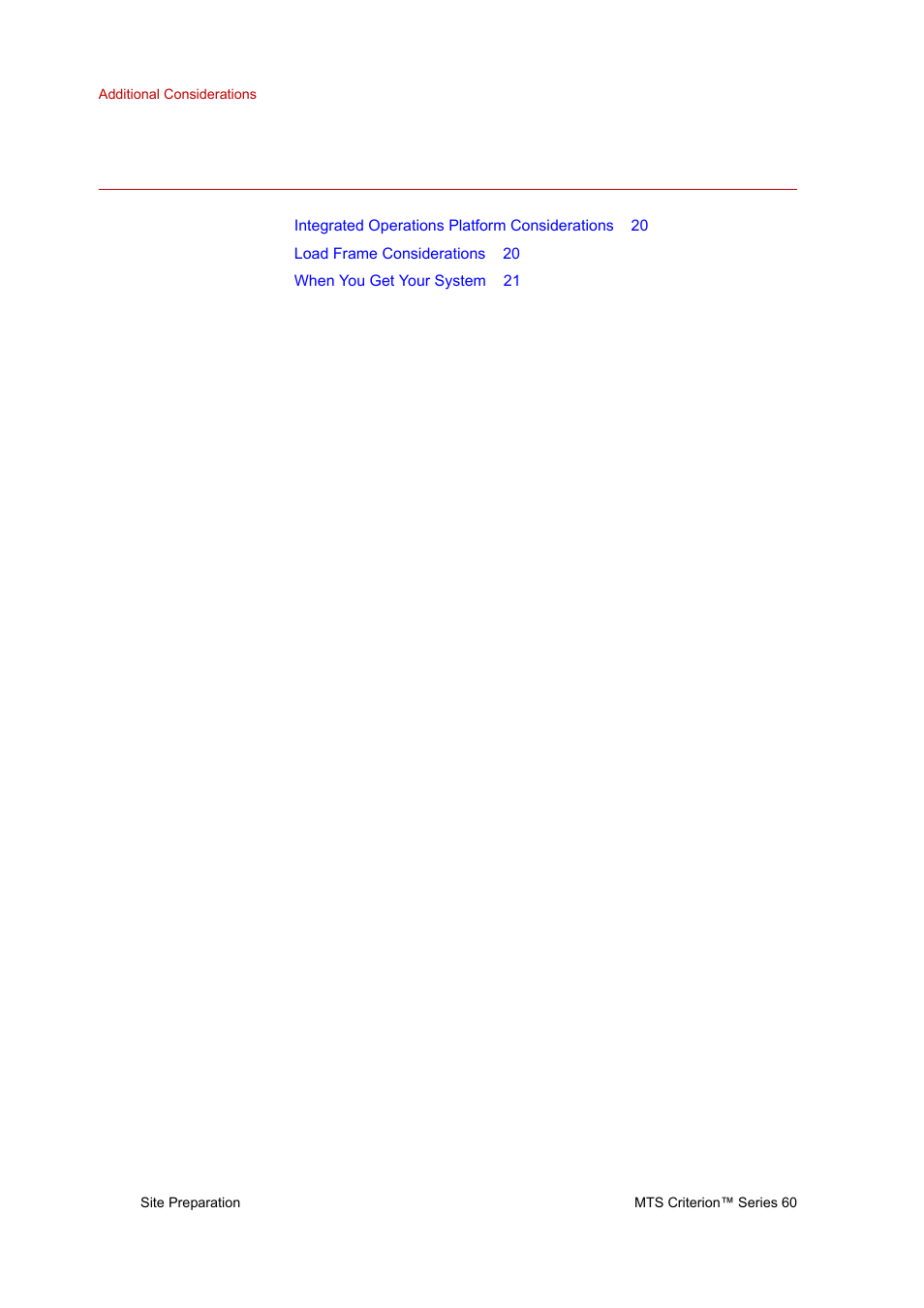 Additional considerations, Integrated operations platform considerations, Load frame considerations | Additional considerations 20, Integrated operations platform considerations 20, Load frame considerations 20 | MTS Criterion Series 60 User Manual | Page 20 / 42