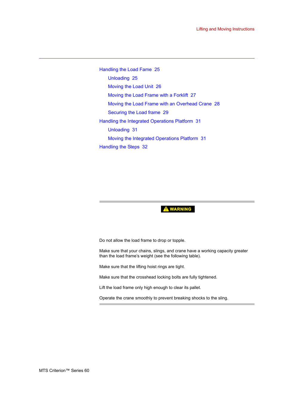 Lifting and moving instructions, Overview, Lifting and moving instructions 23 | Overview 23 | MTS Criterion Series 60 User Manual | Page 23 / 42