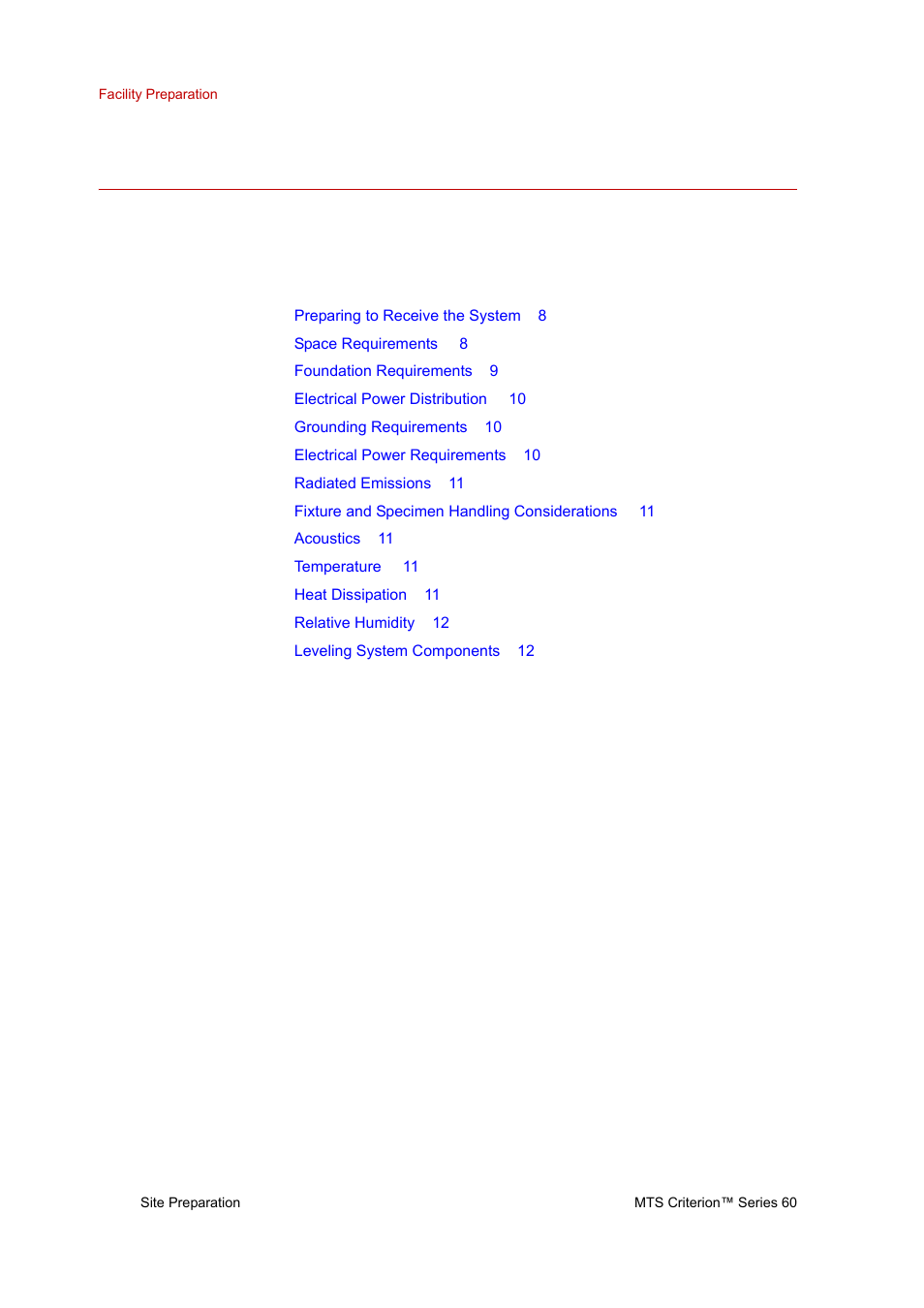 Facility preparation, Preparing to receive the system, Space requirements | Facility preparation 8, Preparing to receive the system 8, Space requirements 8 | MTS Criterion Series 60 User Manual | Page 8 / 42