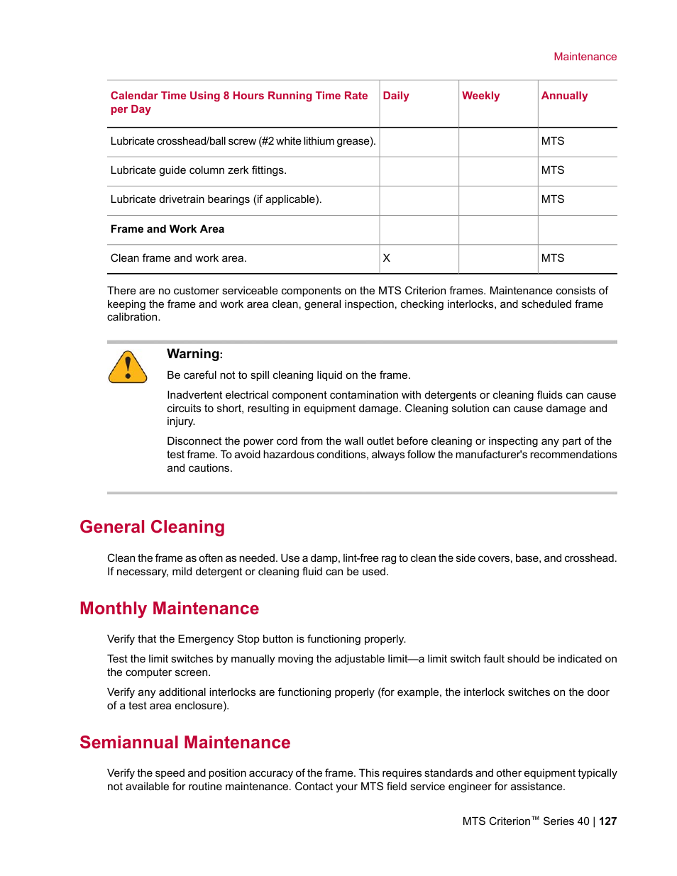 General cleaning, Monthly maintenance, Semiannual maintenance | MTS Criterion Series 40 User Manual | Page 127 / 142