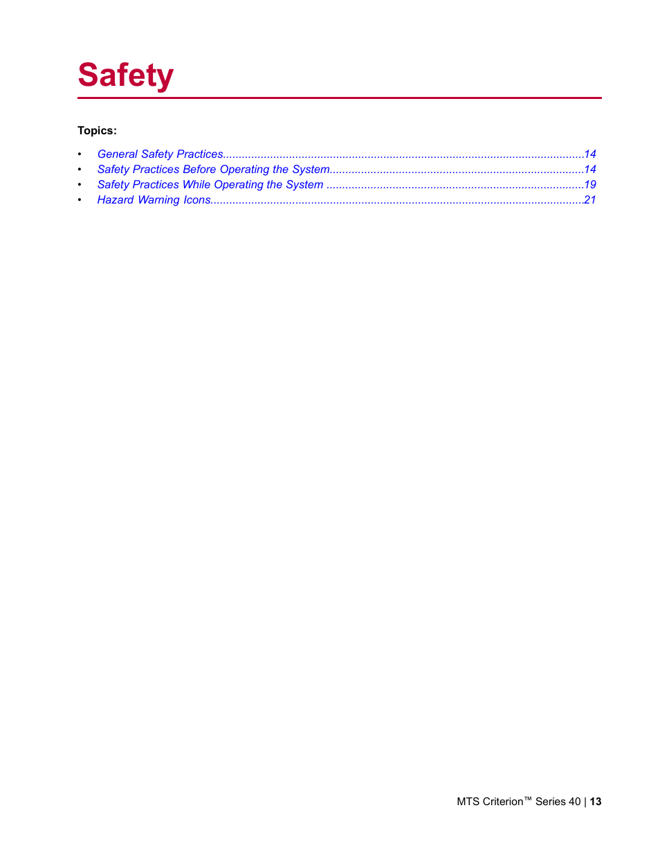 Safety | MTS Criterion Series 40 User Manual | Page 13 / 142