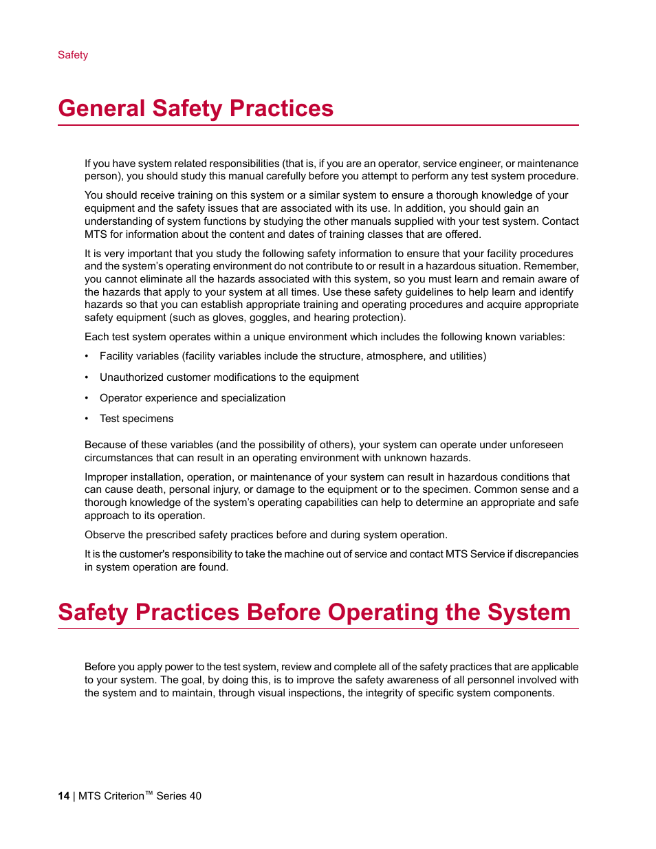 General safety practices, Safety practices before operating the system | MTS Criterion Series 40 User Manual | Page 14 / 142