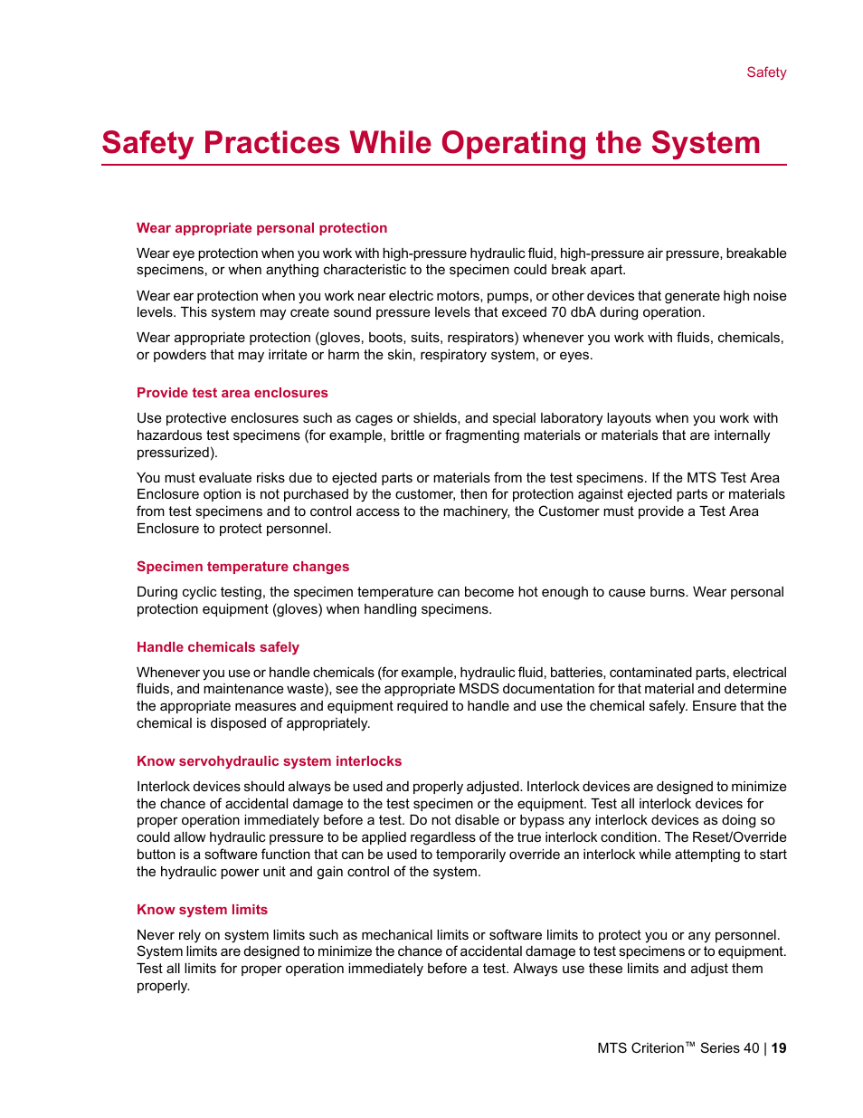 Safety practices while operating the system | MTS Criterion Series 40 User Manual | Page 19 / 142