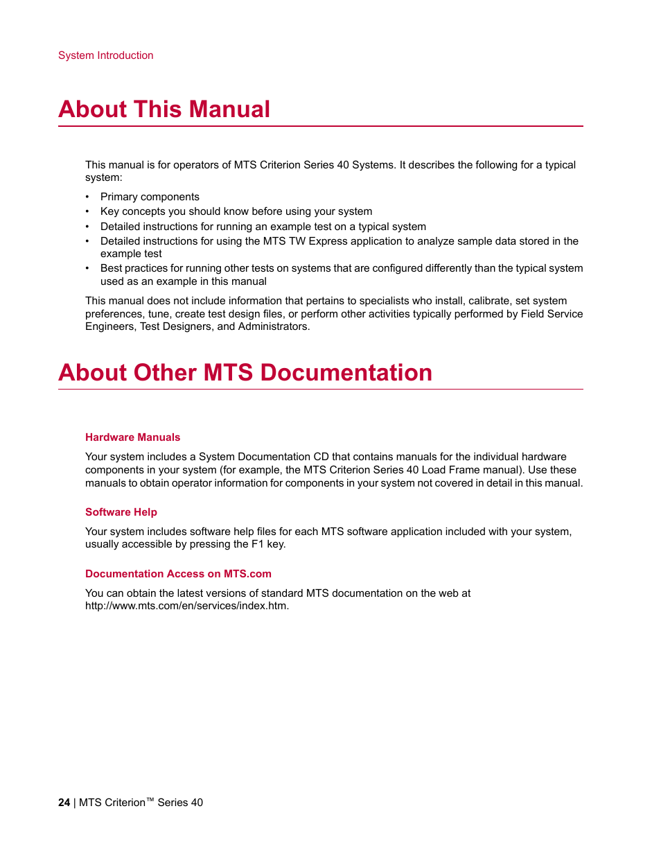 About this manual, About other mts documentation | MTS Criterion Series 40 User Manual | Page 24 / 142