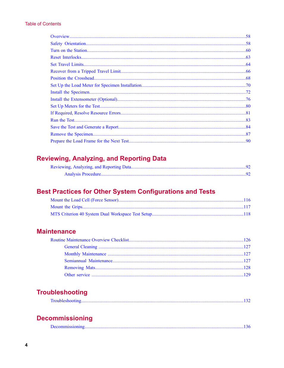 Reviewing, analyzing, and reporting data, Maintenance, Troubleshooting | Decommissioning | MTS Criterion Series 40 User Manual | Page 4 / 142