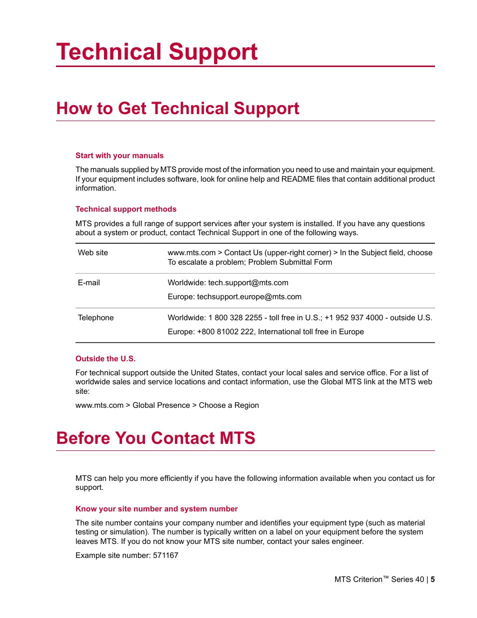 Technical support, How to get technical support, Before you contact mts | MTS Criterion Series 40 User Manual | Page 5 / 142
