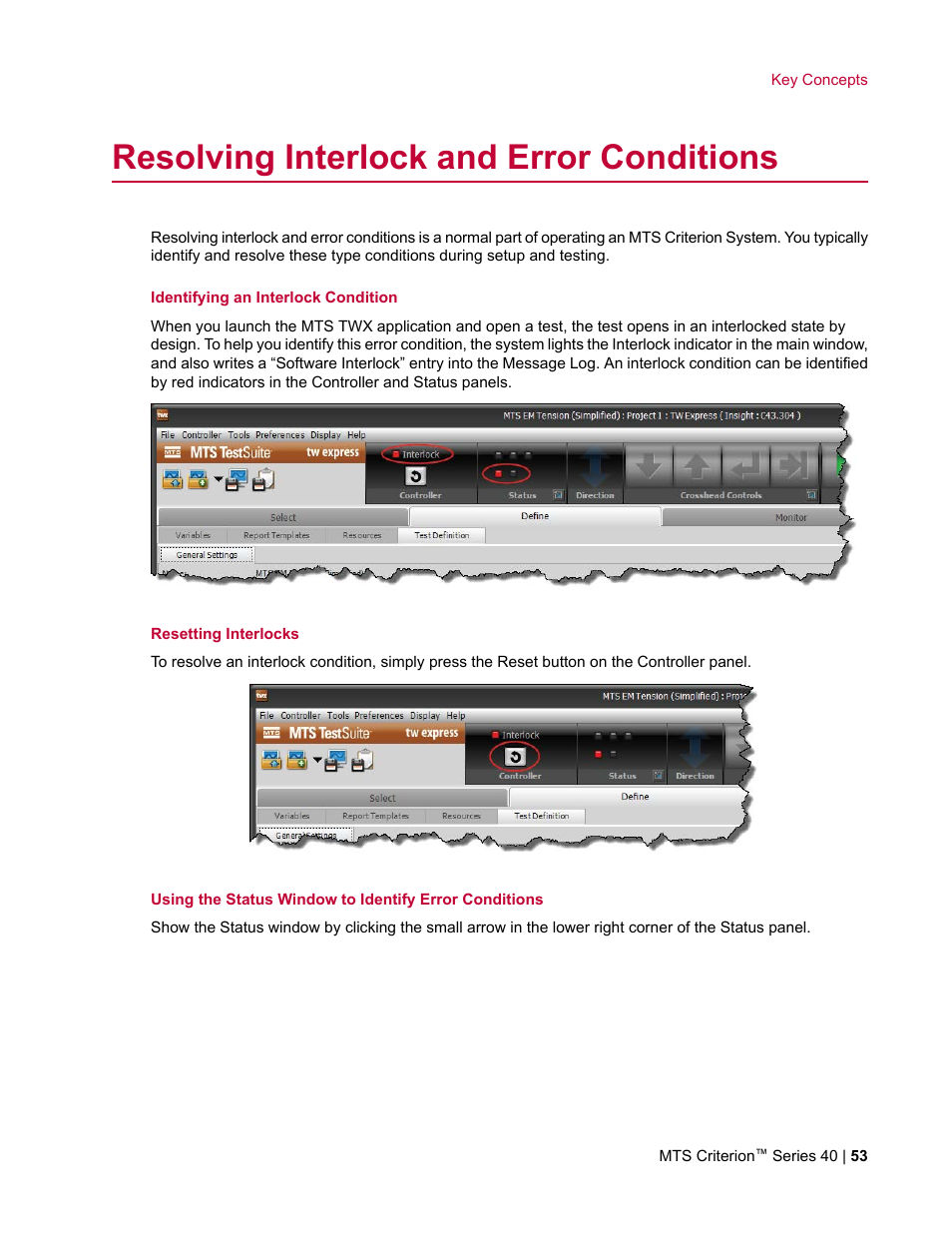 Resolving interlock and error conditions | MTS Criterion Series 40 User Manual | Page 53 / 142