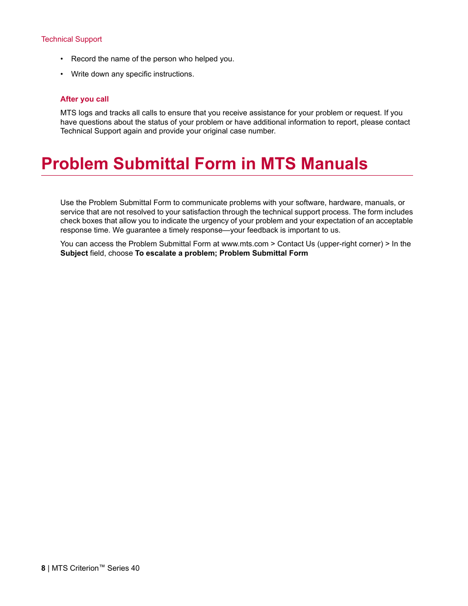 Problem submittal form in mts manuals | MTS Criterion Series 40 User Manual | Page 8 / 142