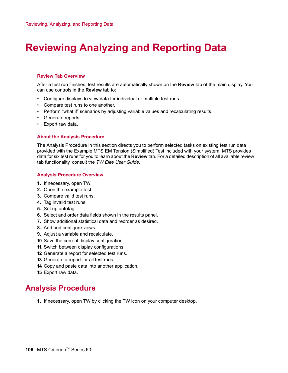 Reviewing analyzing and reporting data, Analysis procedure | MTS Criterion Series 60 User Manual | Page 106 / 146