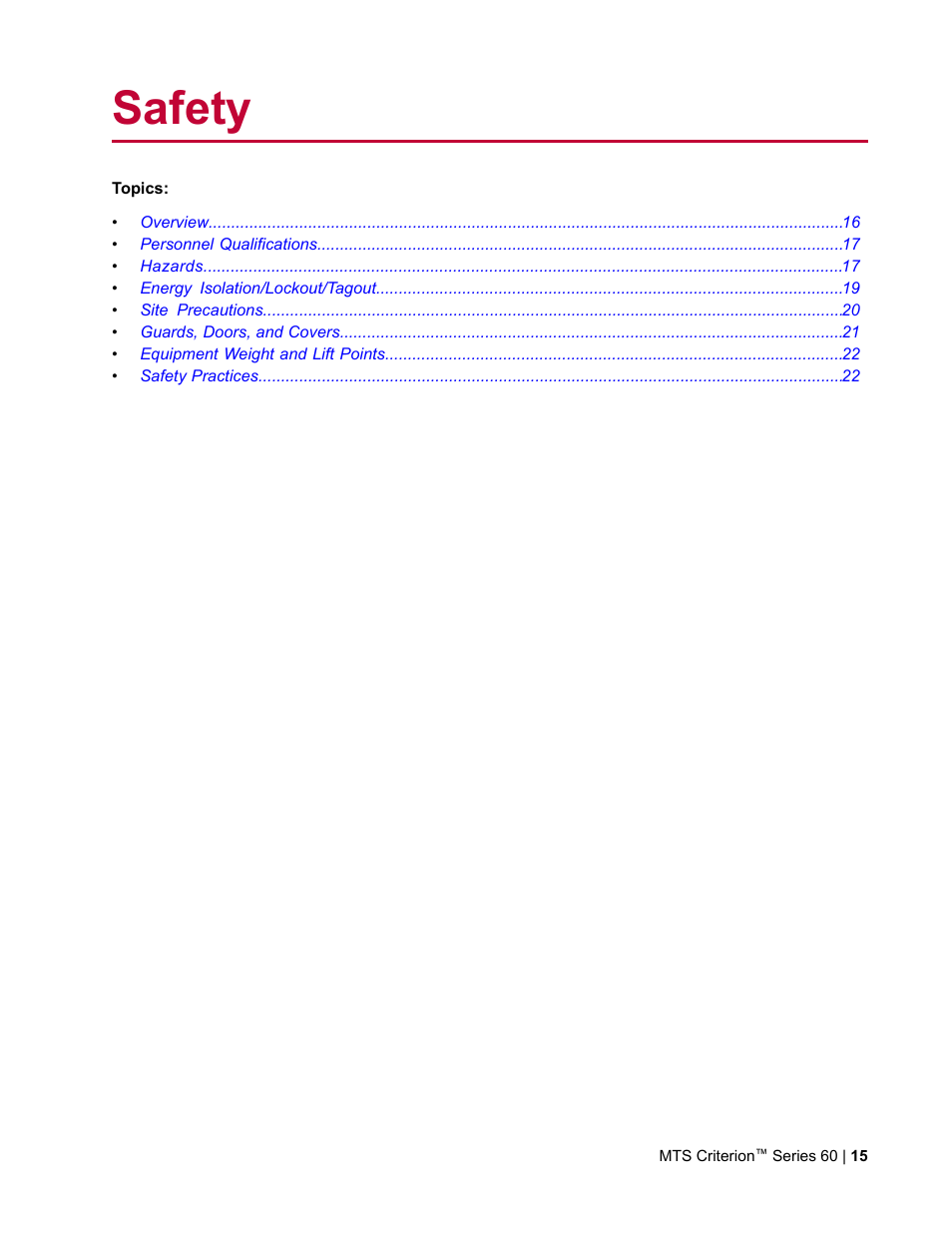 Safety | MTS Criterion Series 60 User Manual | Page 15 / 146