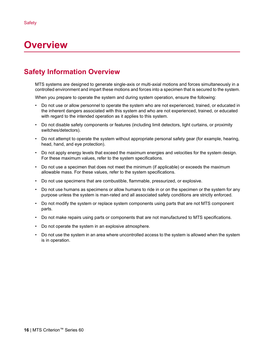 Overview, Safety information overview | MTS Criterion Series 60 User Manual | Page 16 / 146