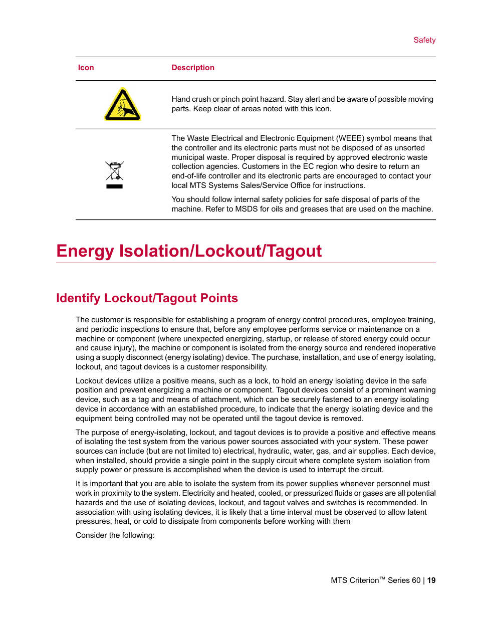 Energy isolation/lockout/tagout, Identify lockout/tagout points | MTS Criterion Series 60 User Manual | Page 19 / 146
