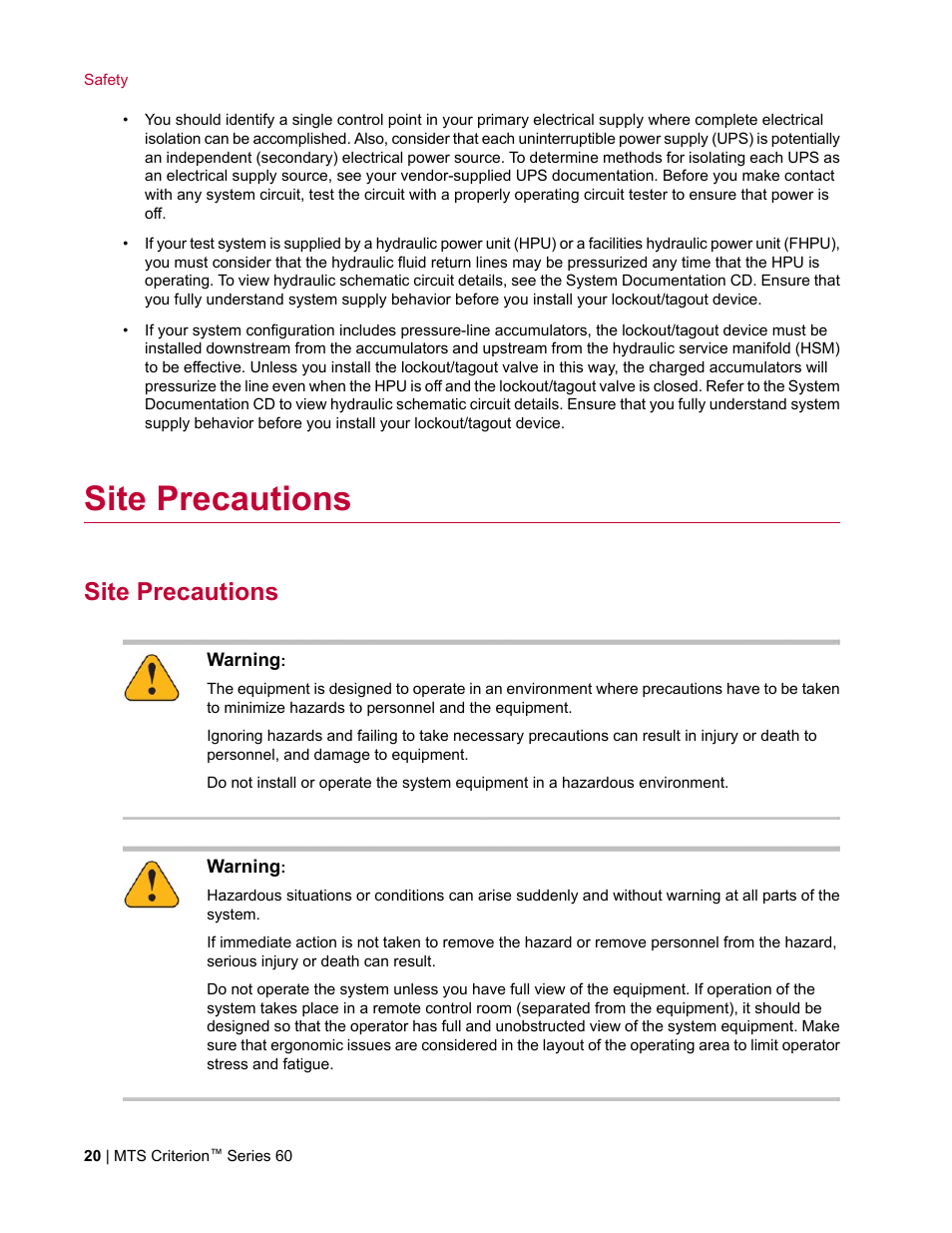 Site precautions | MTS Criterion Series 60 User Manual | Page 20 / 146