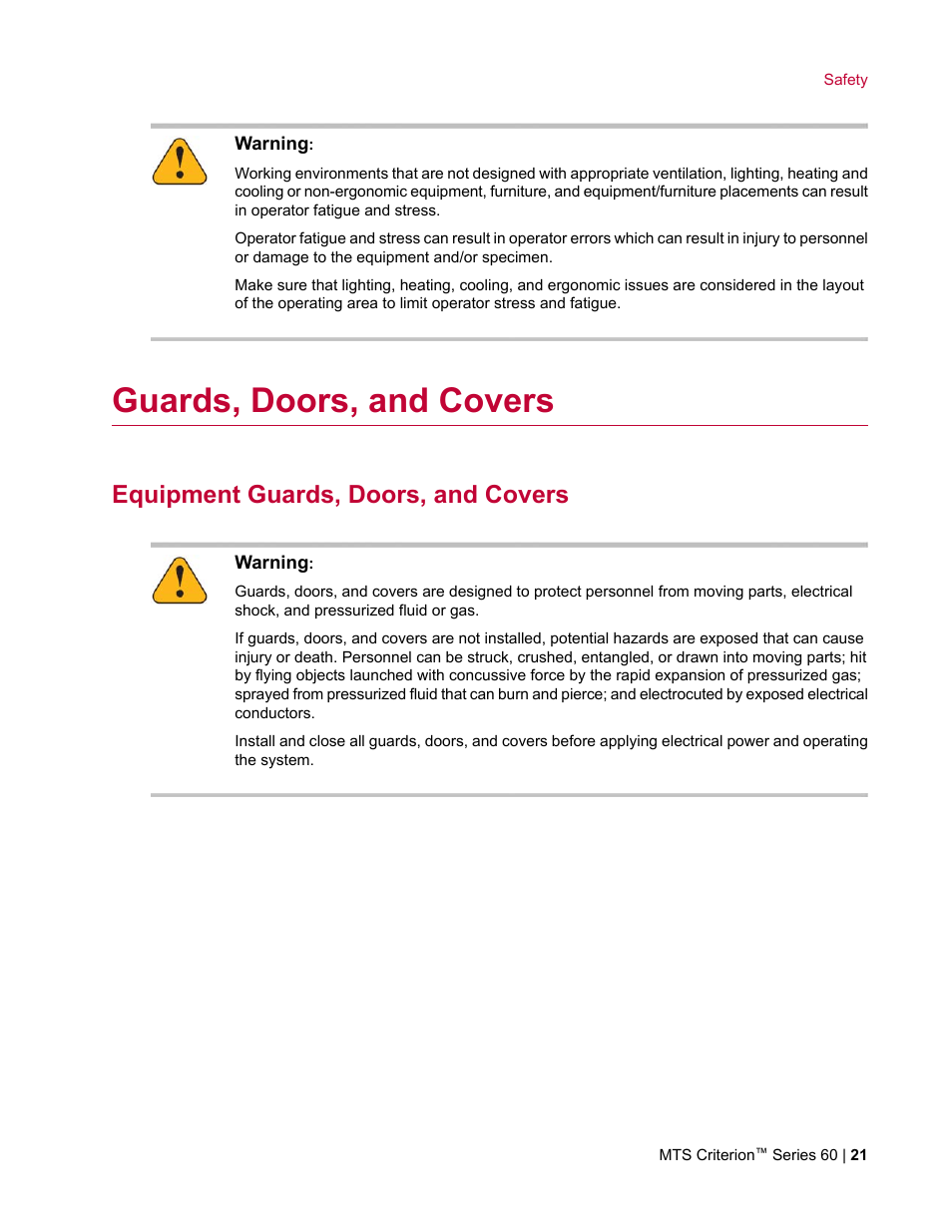 Guards, doors, and covers, Equipment guards, doors, and covers | MTS Criterion Series 60 User Manual | Page 21 / 146